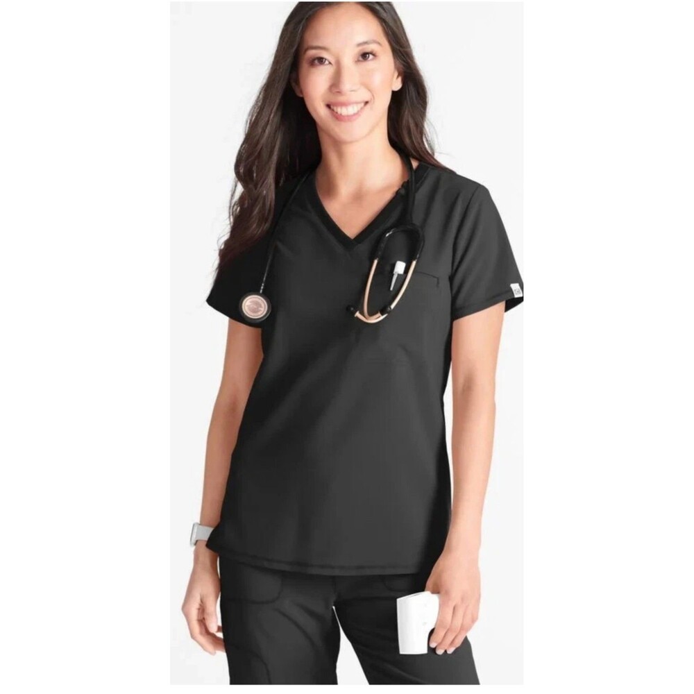 Cherokee Scrub‎ Top V-Neck Contemporary Black Medium Stretch Rib-Knit CK748A
